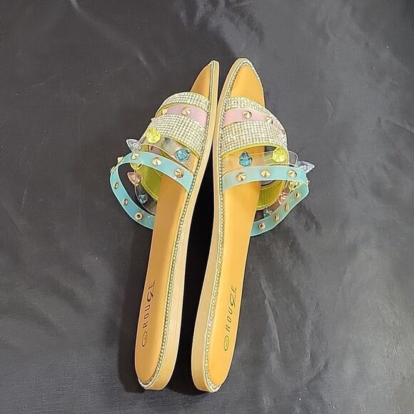 BRAND NEW ROUGE  STUDDED RHINESTONES EMBELLISHMENTS SLIDE SANDAL - Picture 9 of 14